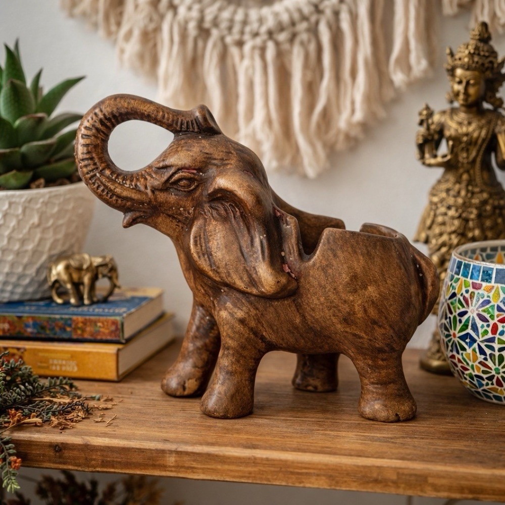 VTG MCM Elephant Ashtray Planter Trunk Up Good Luck Brown Ceramic Figurine